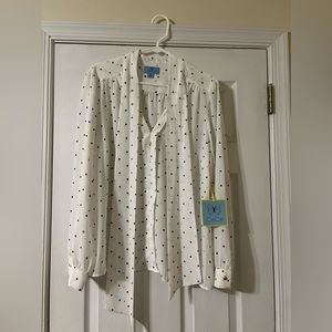 CeCe White Polka Dot Blouse with built in Bow, XL